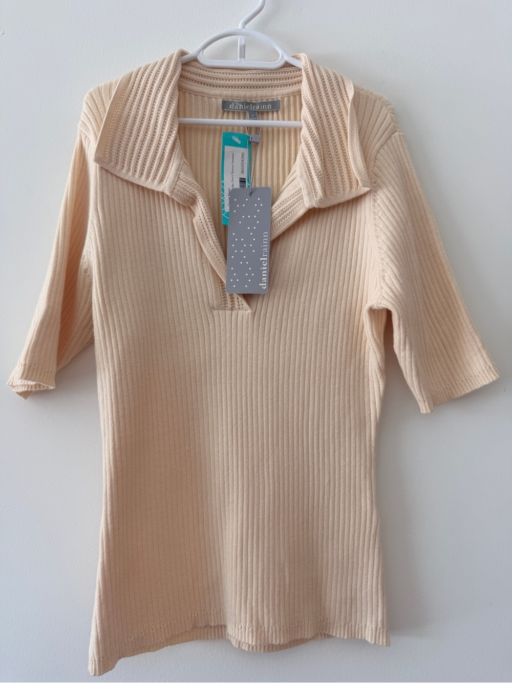 Daniel Rainn Collar ribbed Pointelle Stich Sweater Top Oatmeal Cream Size Small‎